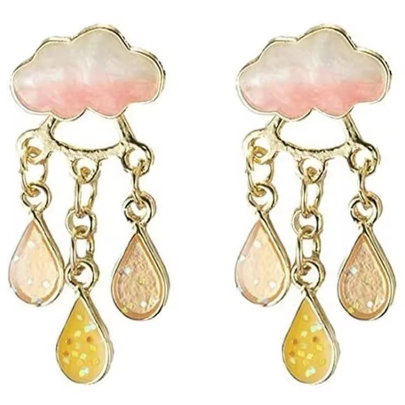 14K Gold Plated 2 Piece Pink Rain Cloud With Gemstone Drop Stud Earrings - Picture 3 of 4